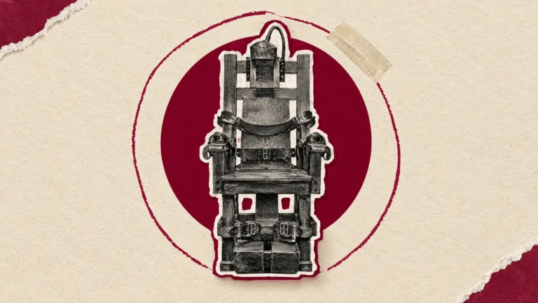 Editorial paper collage in deep crimson and cream: a single centered electric chair cutout with a hand-drawn red marker circle — the Pentagon livestreaming Nidal Hasan's execution.