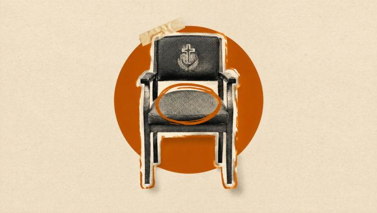 Empty chaplain chair in an editorial collage about the Pentagon Office of Religious Affairs